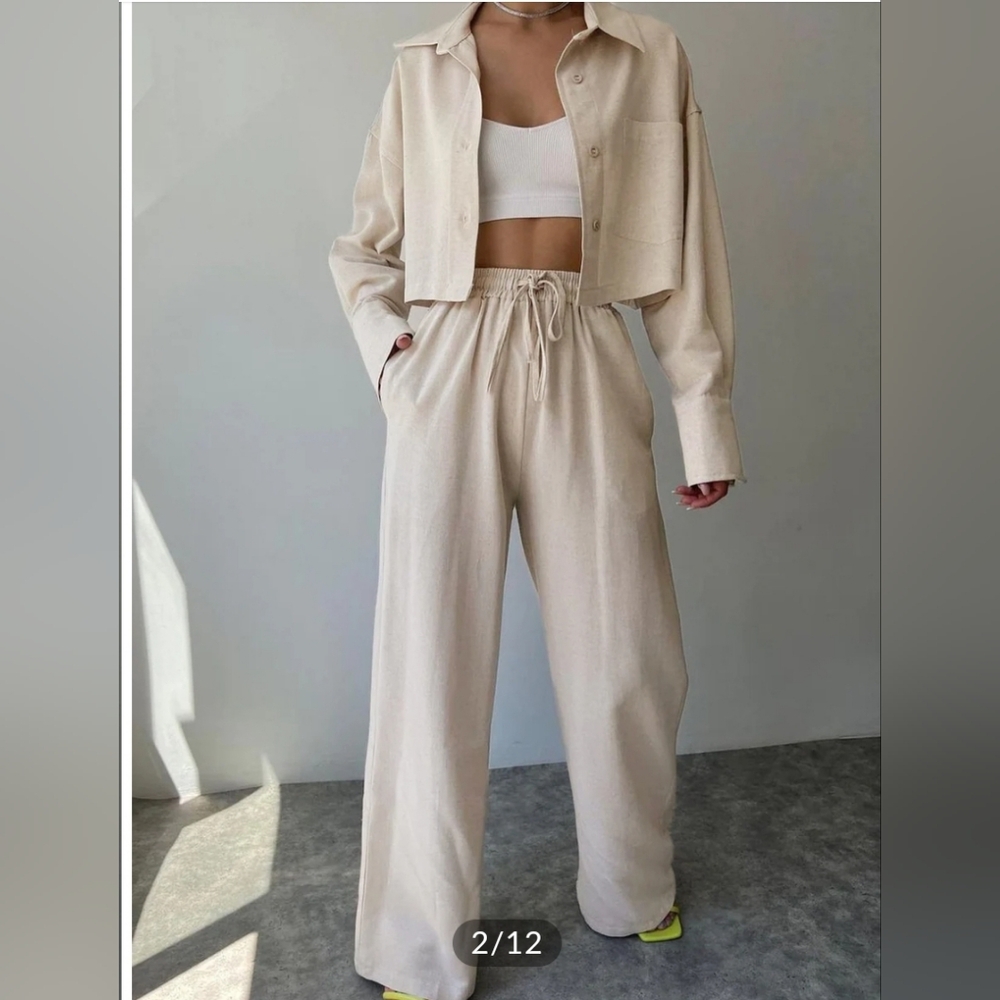 Collared Drawstring Two Piece Pants Set - image 1